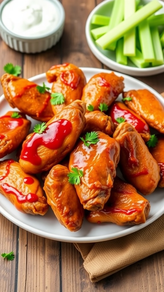 Crispy chicken wings from an air fryer, garnished with parsley, served with ranch dressing and celery.